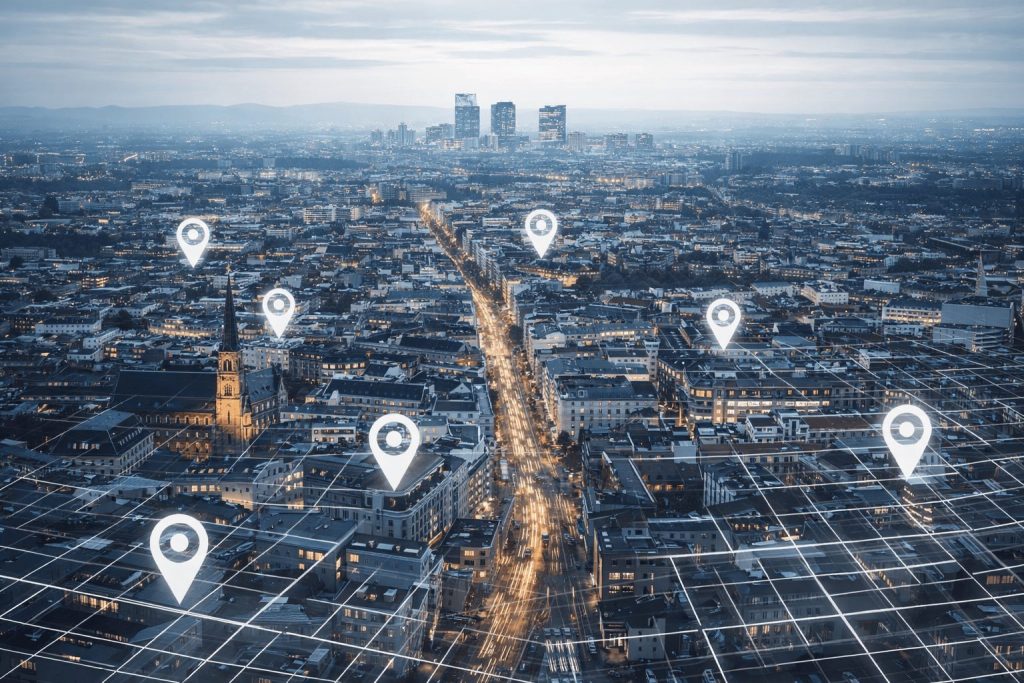 Imagen de ciudad con mapa superpuesto de negocios locales.