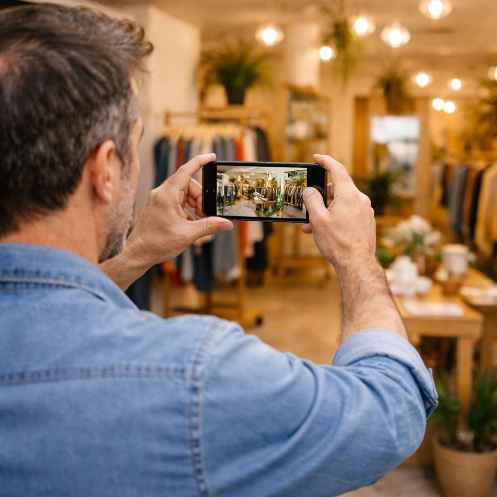 Dueño de negocio local haciendo fotos con el móvil para optimizar su Perfil de Empresa en Google Maps