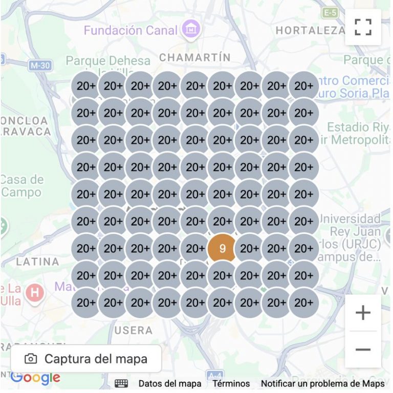 Mapa de visibilidad negativa en Google Maps para una clínica de nutrición en Madrid antes de optimización SEO.
