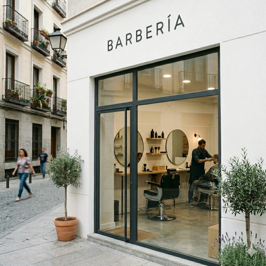 Barbería local vista desde fuera en una calle urbana