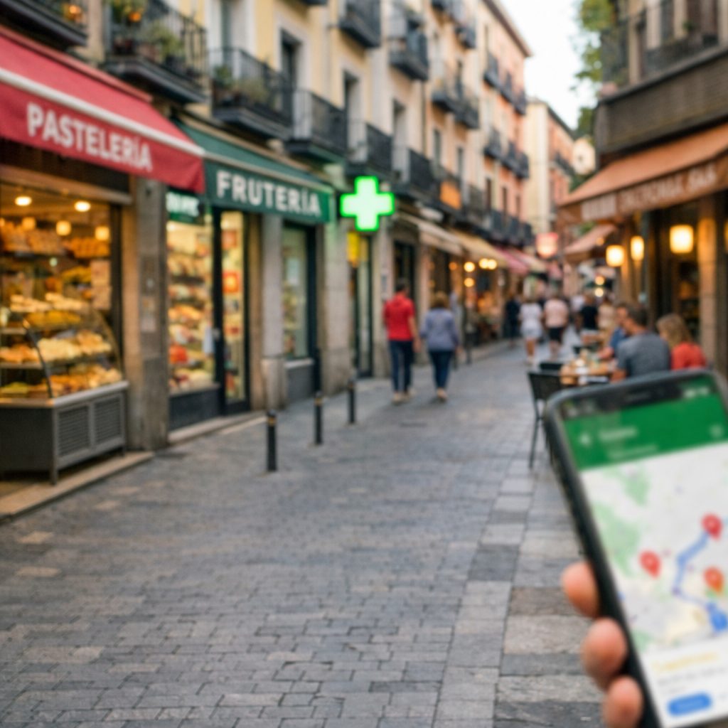 Persona mirando Google Maps en una calle con negocios locales en Madrid