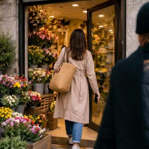 Mujer entrando en una floristería local desde la calle