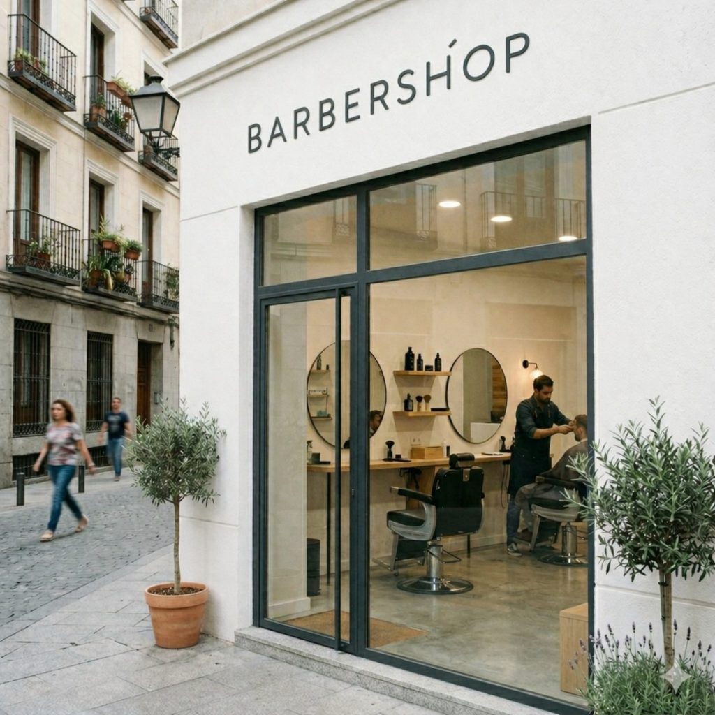 Modern local barbershop on a street corner with customers passing by