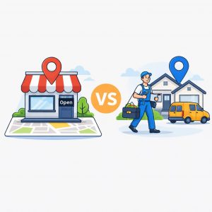 Illustration comparing a physical-location business and a service-area business on Google