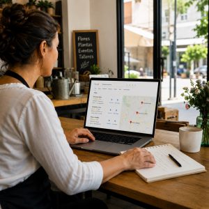 Propietaria de una floristería revisando en Google Maps la visibilidad de negocios locales desde su portátil.