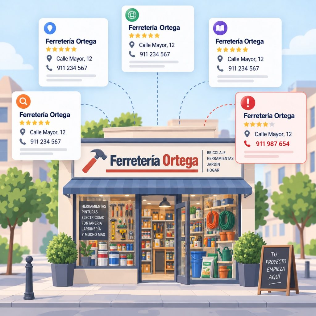 Negocio local con varias fichas de perfil online mostrando los mismos datos, una de ellas en rojo por tener un teléfono distinto