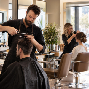 Hair salon with a barber cutting a client's hair while another stylist styles a bride's hair for an event