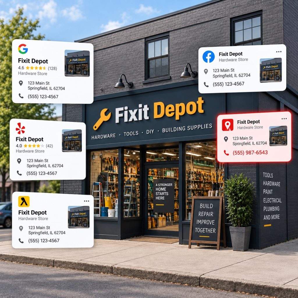 Fixit Depot business listings showing inconsistent phone number information across online directories