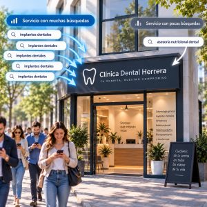 Clínica dental con servicios con muchas y pocas búsquedas en Google